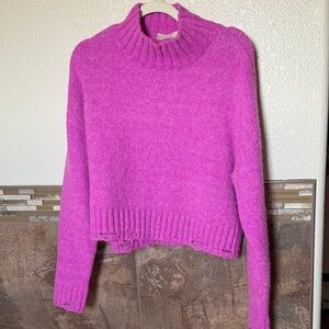 Distressed Hem Cozy Pink Turtleneck Sweater
